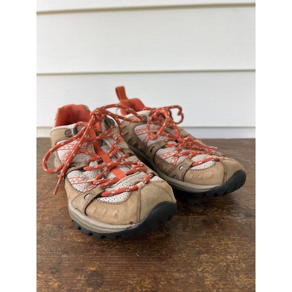 Merrell Womens Hiking Shoes Size 7 Vibram Sole Tan & Orange Mesh Leather Outdoor - Picture 1 of 5